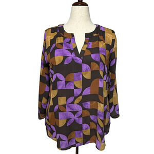 Cato Top Womens Large Purple Brown Floral Hi Low Roll Tab Blouse Cottagecore NWT